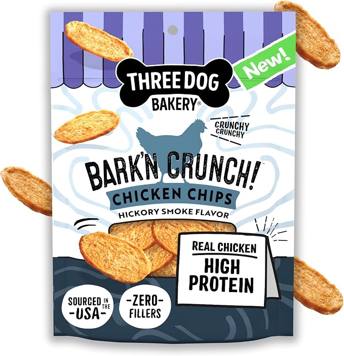 Three Dog Bakery Bark'n Crunch! Hickory Smoke Chicken Chips with 100% Real Chicken - 3.8 oz - Premium Treats for Dogs - High Protein Dog Snacks - Grain Free, No Corn or Soy, Limited Ingredient Treats