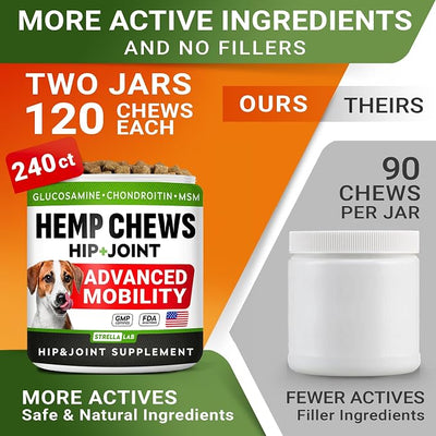 Large Breed Glucosamine Hemp Dog Joint Supplement - Hemp Chews for Dogs Hip Joint Pain Relief - Omega 3, Chondroitin, MSM - Advanced Mobility Hemp Oil Treats for Large Dogs - Made in USA - 360 Ct