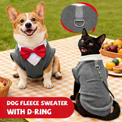 Cute Dog Fleece Sweater with D-Ring, Fall Winter Dog Clothes Tuxedo Costume with Bowtie, Soft Puppy Sweatshirt Corgi Bulldog Apparel Dachshund Outfits for Small Medium Large Dogs(Grey,5XL)