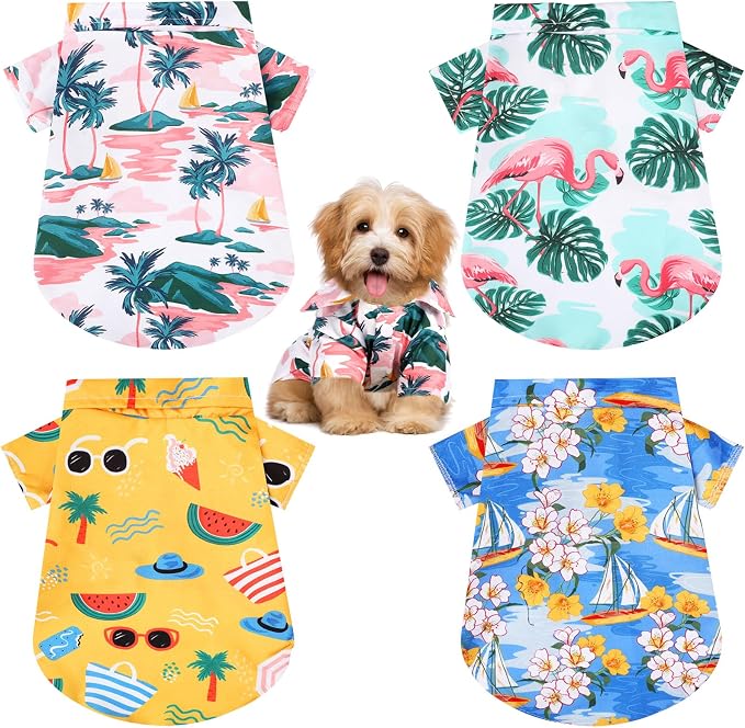 4 Pieces Small Pet Summer T-Shirts Hawaii Style Floral Pet Dog Shirt Breathable Cool Clothes Beach Seaside Puppy Sweatshirt for Puppy(Lovely Style,Large)