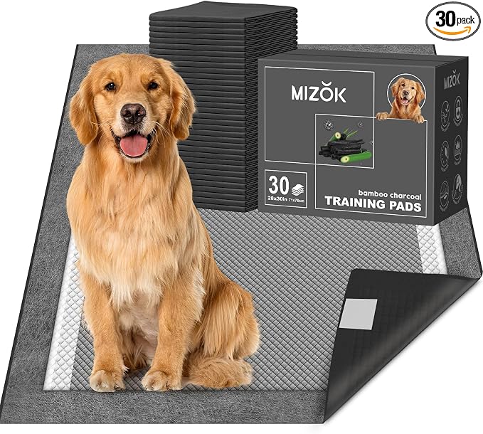 MIZOK Dog Pee Pads Charcoal, 28x30in Large Wee Wee Pads for Dogs, Superior Odor Protection, Super Absorbent & Leak-Proof, Puppy Pads with Adhesive Tabs, Thick & Heavy (30 Count)