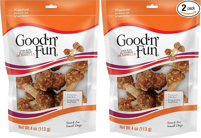 Good n' Fun Chicken Flavored Dumbbells 4 Ounces, Rawhide Snacks for Small Dogs (Pack of 2)
