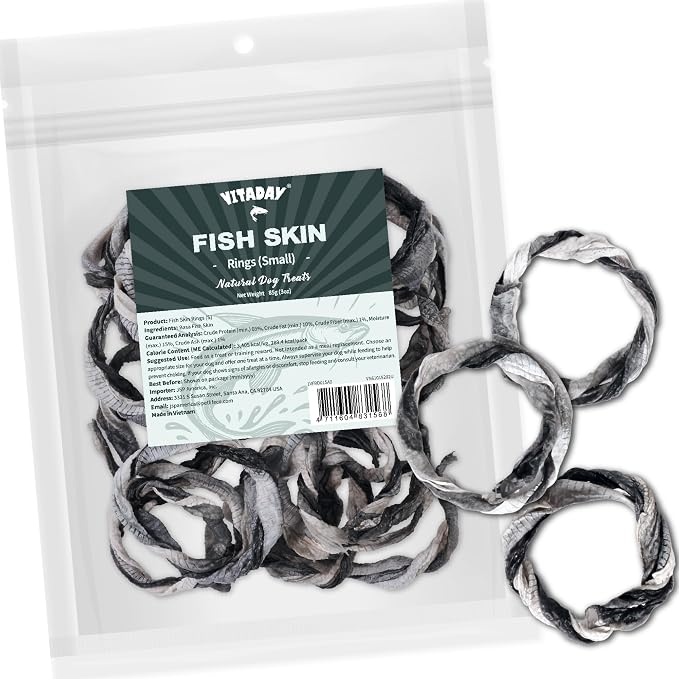 VITADAY 100% Fish Skin Dog Jerky Treats, Ring (S), 3 oz, 1-Pack | Natural dog jerky treats, rawhide alternative, 100% fish skin rich in collagen and omega-3, for all dogs, ring (S), 3 oz