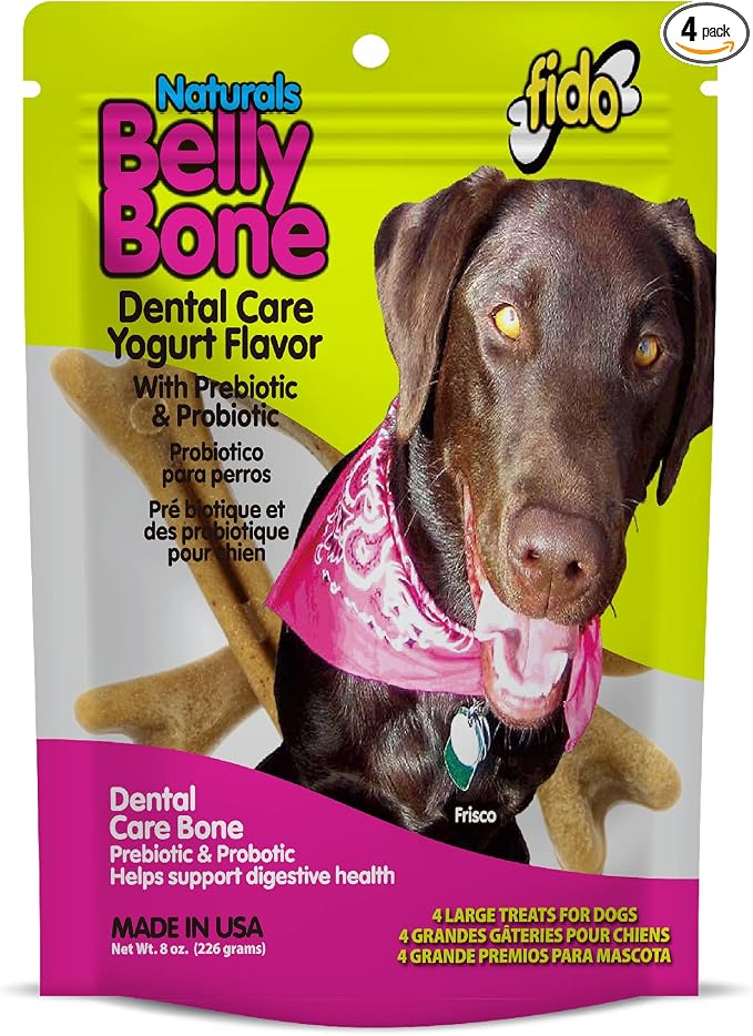 Fido Belly Bones for Dogs, Large - 4 Count - Yogurt-Flavor Dental Treats for Large Dogs - Plaque & Tartar Control for Fresh Breath - Digestive Support - Made in USA