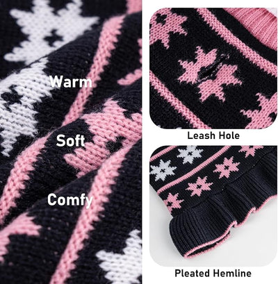 KYEESE Dog Sweater for Medium Dogs Fall Winter for Girl Dogs Clothes Warm Pet Coats with Leash Hole Pullover Dog Sweater Dress Knit Turtleneck Pet Sweater with Snow Flake Pattern, Navyblue, XX-Large