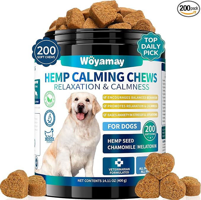 Hemp Calming Chews for Dogs, 200 Treats Dog Calming Chews for Anxiety & Stress Relief, Anxiety Relief Treats for Dogs with Hemp Oil, Melatonin Dog Calm Treats for Stress|Sleep|Separation