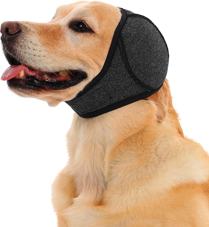 Meifsou Dog Head Wrap - Quiet Ears for Anxiety, Waterproof Dog Calming Hood, No Shake Ear Cover Snoods for Thunder, Lightning, Fireworks, Grooming, Polyester and SBR Diving Fabric, Dark Grey, Medium