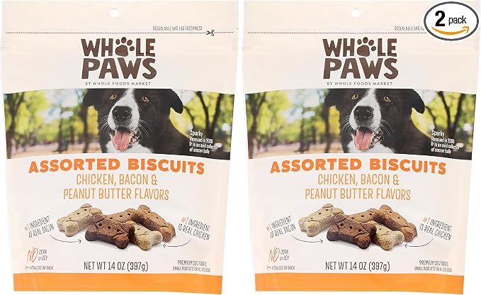 Whole Paws, Biscuit Dog Treats, Assorted Flavors (Chicken, Bacon, & Peanut Butter), 14 Ounce (Pack of 2)