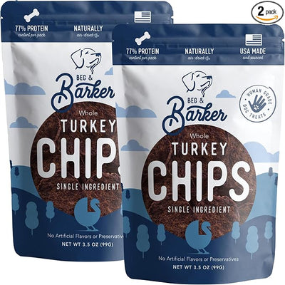 Beg & Barker Turkey Chips for Dogs (3.5 Ounce, Pack of 2) - Single Ingredient Dog Treats for Large & Small Dogs Protein Human Grade Dog Treats Made from Real Meat Turkey, Made in USA