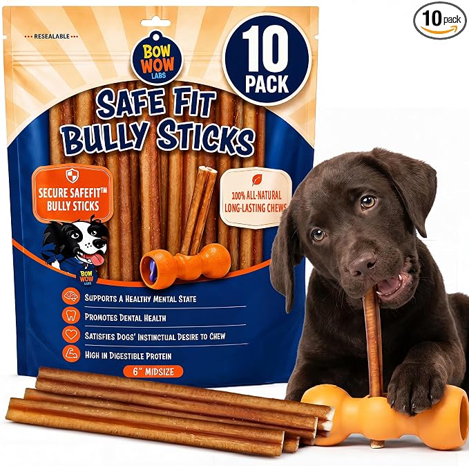 SafeFit™ Bully Sticks for Dogs - 100% All Natural Beef Sticks, Grass-Fed, Low Odor, Long Lasting Dog Chews, Dog Chew Treats, Bully Stick for Small, Medium, Large Dogs - 6" Midsize 10 Pack