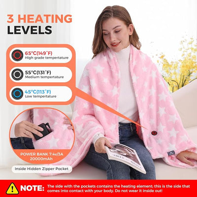 KSFJZF Heated Blanket, Cordless Portable Heated Throw Blanket, Battery Operated Heating Blanket with Rechargeable 20000mAh Power Bank, 59" x 35.5" Electric Heated Shawl, 3 Fast-Heating Levels (Pink)