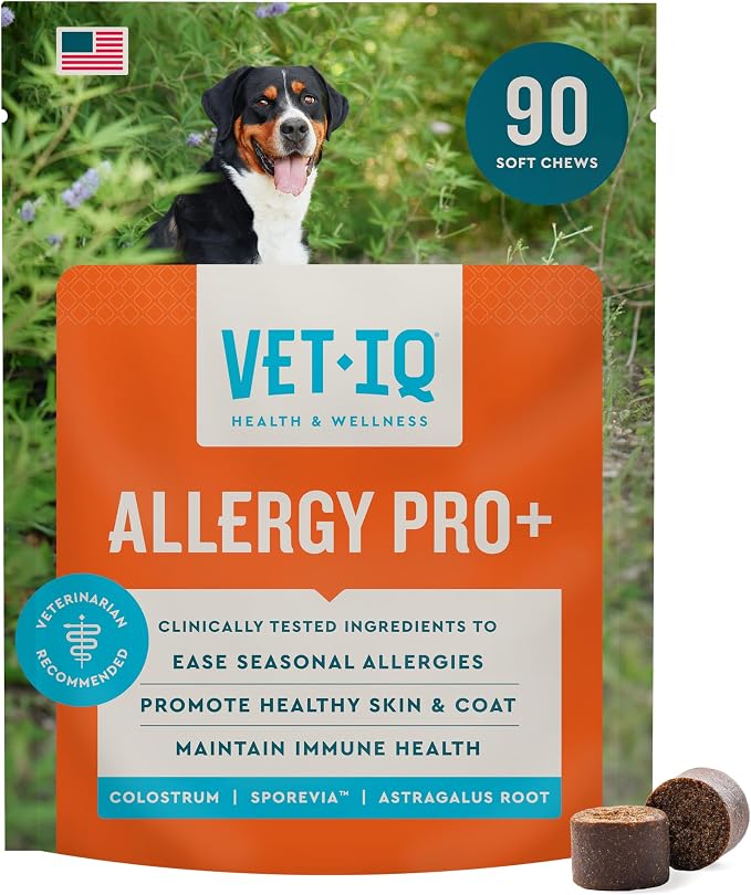 VetIQ Allergy Pro+ Soft Chews for Dogs, Dog Allergy Chews, Seasonal Support, Colostrum, Astragalus Root, Sporevia, Hickory Smoke Flavor, 90 Count