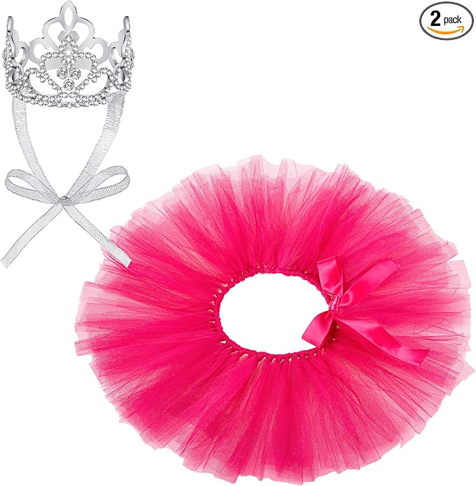2 Pcs Dog Crown Headband Dog Tutu Dress Set Crystal Rhinestone Tiara Crown Tutu Skirt Pet Dress Costume for Puppy Birthday Party Wedding Photo Prop Costume(Small,Rose Red)