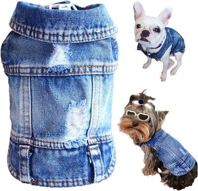 Dog Jean Jacket, Blue Denim Shirt Classic Lapel Vest Coat Costume Puppy T-Shirt, Comfort Tank Top Cool Apparel, Washed Pet Clothes for Dogs Boy Girl (Blue, Small)