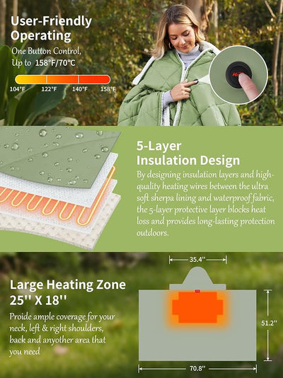 Battery Operated Heated Blanket Throw,Cordless Heated Shawl Poncho Hoodie | Portable&Wearable,Skin-Friendly,Multiple Power Options,Up to 158℉, for Outdoor Camping Stadium Picnics