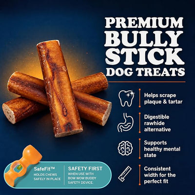 Bow Wow Labs SafeFit™ Bully Sticks for Dogs - 100% All Natural Beef Sticks, Grass-Fed, Low Odor, Long Lasting Dog Chews, Dog Chew Treats, Bully Stick for Small, Medium, Large Dogs - 6" Jumbo 10 Pack