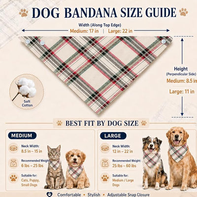 Red Green White Plaid Kerchief Triangle Plaid Dog Bandana,Soft Cotton Washable with Adjustable Buckle for Small/Medium Dogs | Holiday Party Costume & Festive Photo Accessory,Medium