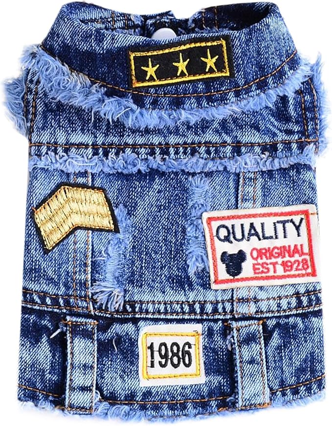 Cool Dog Jean Jacket Small Puppy Outfits Frenchie Clothes Denim Coats for Small Medium Dogs Cats Boys Girls Pet Vest Dog Shirt Clothing Doggy Costume (Blue Print, XL（Suggest 12-16 lbs）)