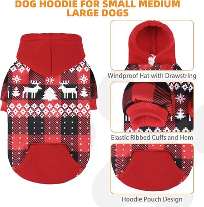 KOOLTAIL Christmas Dog Hoodie,Red Plaid Pet Clothes Sweater with Leash Hole&Pocket for Small Medium Large Dogs, Soft Winter Warm Dog Cold Weather Coat, Fleece Puppy Hooded Sweatshirt for Boys Girls, M