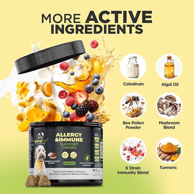 Googipet Dog Allergy Chews, Seasonal Dog Allergy Relief & Itchy Skin Relief, Skin & Coat Supplement Colostrum, Coconut Oil, Omega 3 Fish Oil, & Bee Pollen for Dogs Itch Relief