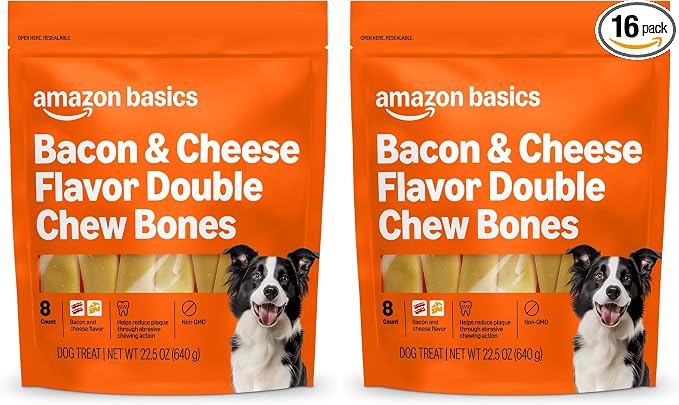 Amazon Basics Double Chew Bone Dog Treats, Bacon and Cheese - 8 Count, 2 Pack