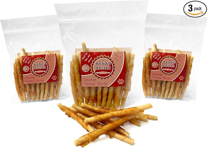 Rena's Recipe Chicken Twisty Sticks Dog Treats, Chicken Wrapped, 3 Pack | Rawhide-Free Chicken Wrapped Soft Chews with Glucosamine for Joint Support