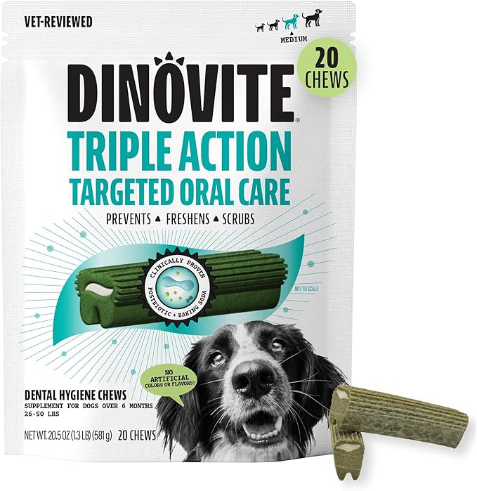 Dental Chews for Dogs, Triple Action Dental Dog Treats for Medium Breeds, Clinically Proven to Prevent Plaque & Tartar While Freshening Breath, Fresh Mint Flavor, Made in USA, 20 Count