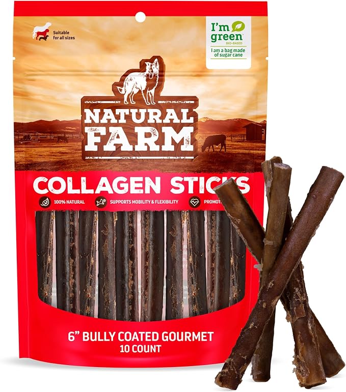 Odor-Free Bully Coated Gourmet Collagen Sticks (6 Inch, 10 Pack), Real Bully Beef Coated, 95% Natural Collagen, Supports Healthy Joints, Skin & Coat - Best for Small & Medium Dogs