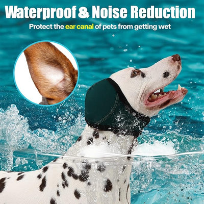 Dog Ear Muffs Wrap for Hematoma, Bathing, Drying, Swimming & Noise Anxiety Relief- Elastic Waterproof Ear Protection with Calming Hoodie Design for Grooming