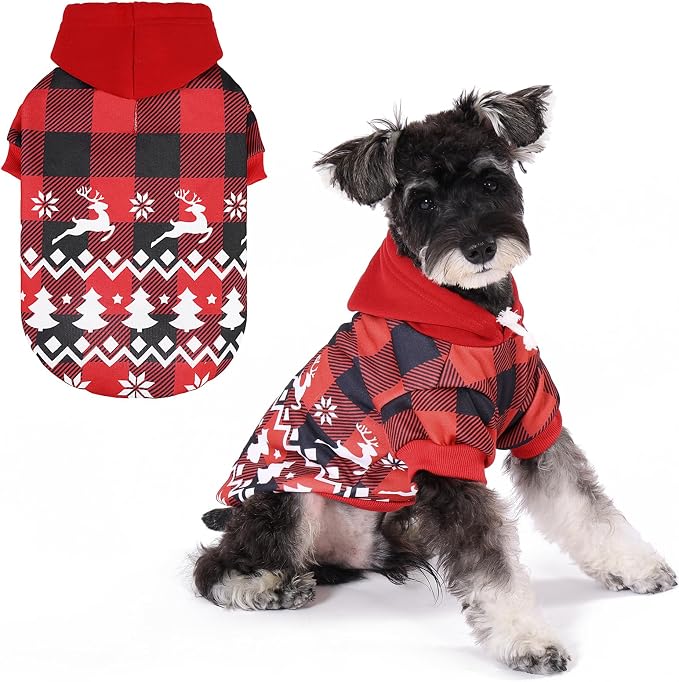 Christmas Dog Hoodie, Red Plaid Pet Sweater, Hat Hooded Sweatshirt Dog Clothes for Small Medium Large Dogs, Soft Warm Winter Cold Weather Coat with Leash Hole&Pocket, Reindeer Snowflake, M
