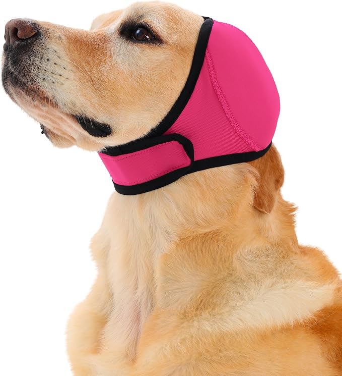 Meifsou Dog Head Wrap - Quiet Ears for Anxiety, Waterproof Dog Calming Hood, No Shake Ear Cover Snoods for Thunder, Lightning, Fireworks, Vet Visits, Polyester and SBR Diving Fabric, Rose, Small