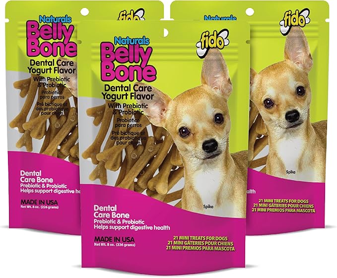 Fido Belly Bones for Dogs, Mini - 21 Count, Pack of 3 - Yogurt-Flavor Dental Treats for Small Dogs - Plaque & Tartar Control for Fresh Breath - Digestive Support - Made in USA (63 Total)