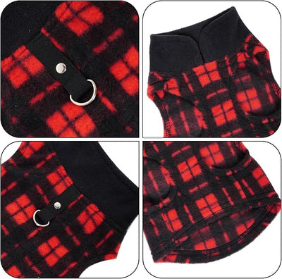 Rbenxia 1 PC Plaid Dog Sweaters with Leash Ring Soft Fleece Vest Dogs Pullover Warm Jacket Pet Dogs Clothes Winter Dog Outfits for Small Puppy Cat Pets (Black and Red, Large)