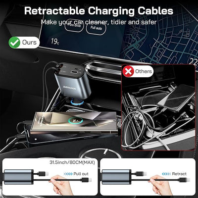 [2 Pack] Retractable Car Charger 4 in 1 Fast Car Phone Charger 69W, USB C Car Truck Accessories Adapter with 2X Retractable Phone Charger Cords and USB Port for i Phone 17/16/15/14,for Samsung S25/S24