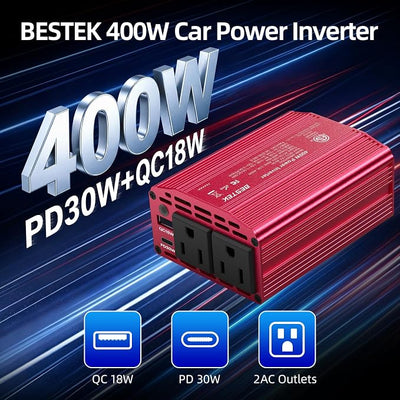 BESTEK 400W Car Power Inverter for Vehicles – DC 12v to AC 110v Car Plug Adapter Outlet with PD 30W USB-C &USB-A 3.0 Fast Charging, Car Charger Cigarette Lighter Adapter for Laptop, Road Trip, Camping