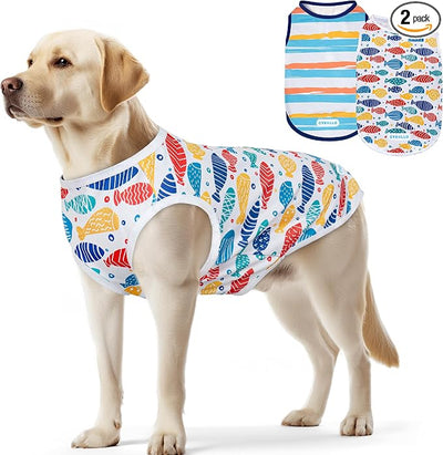 cyeollo 2pack Dog Cooling Shirt, Breathable Sleeveless Summer Clothes for Dogs, Intant Cool T Shirts for Medium Large Dogs, Blue Fish 2XL