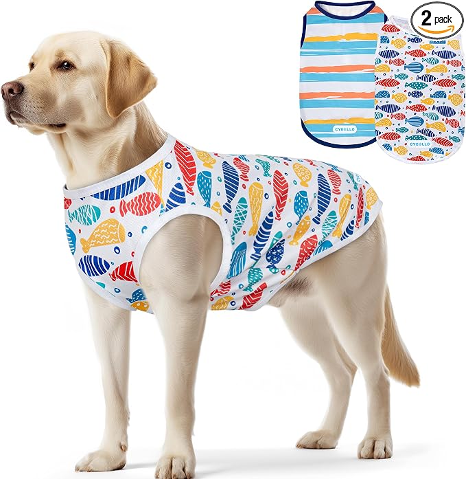 2pack Dog Cooling Shirt, Breathable Sleeveless Summer Clothes for Dogs, Intant Cool T Shirts for Medium Large Dogs, Blue Fish 2XL