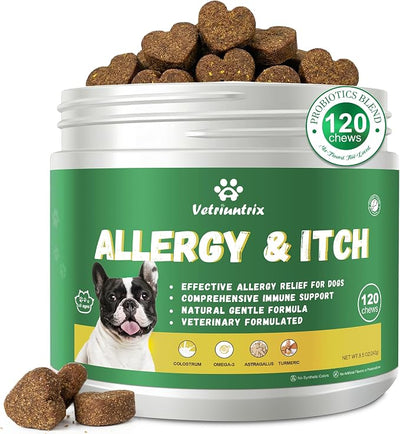 Dog Allergy Chews - Dog Allergy Relief & Immune Supplement with Probiotics, Colostrum & Omega 3 - Supports Skin & Coat Health, Soothes Paw Licking - Chicken Flavor, 120 Soft Chews