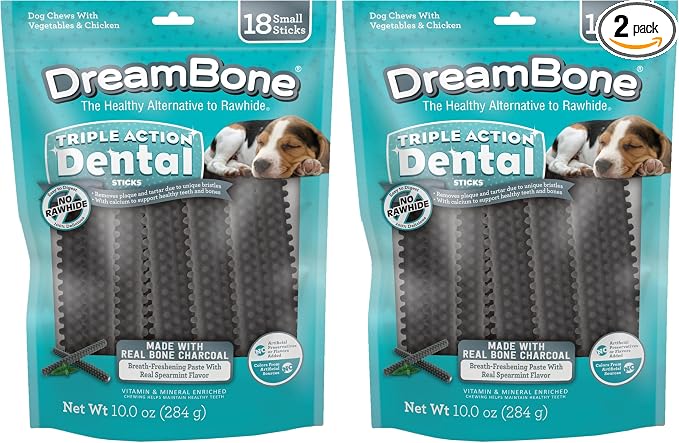Triple Action Dental Sticks Charcoal, 18 Count, Rawhide-Free Chews for Small and Medium Sized Dogs Freshens Breath (Pack of 2)
