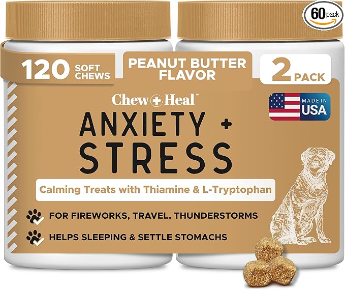 Calming Chews for Dogs - 120 Anxiety Relief Treats for Fireworks, Thunder, and Storms - Peanut Butter Flavor - Natural Dog Calming Treats with Thiamine, L-Tryptophan, Ginger, and Melatonin