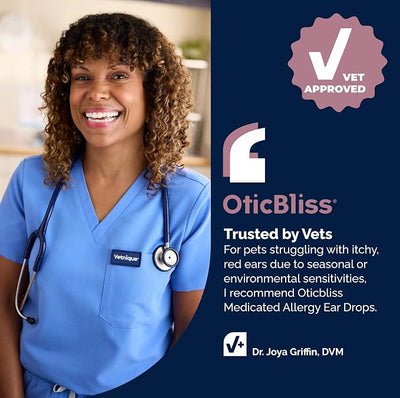Vetnique Oticbliss Allergy Ear Drops for Dogs & Cats, Otic Ear Solution for Dogs with 1% Hydrocortisone, Itch Relief, Redness, Swelling, Inflammation, Alcohol Free Medicated Drops Chitosan