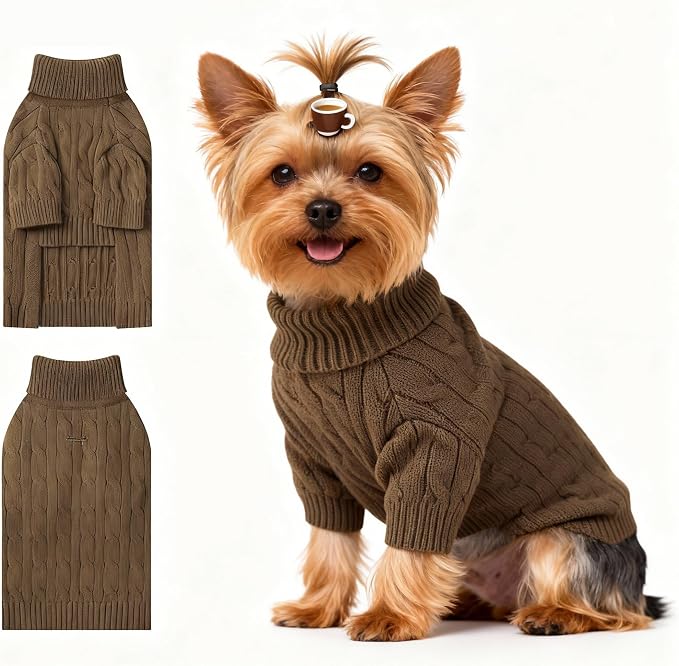 Small Dog Thermal Pullover Sweater, Classic Turtleneck Cable Knitwear Dog Clothes for Cold Weather Warm Pet Clothes for Chihuahua, Bulldog, Dachshund, Pug Tan Small