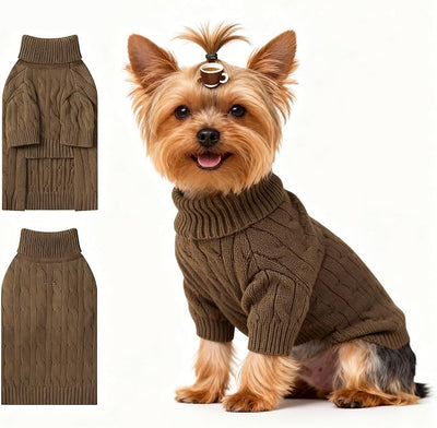 Small Dog Thermal Pullover Sweater, Classic Turtleneck Cable Knitwear Dog Clothes for Cold Weather Warm Pet Clothes for Chihuahua, Bulldog, Dachshund, Pug Tan Small