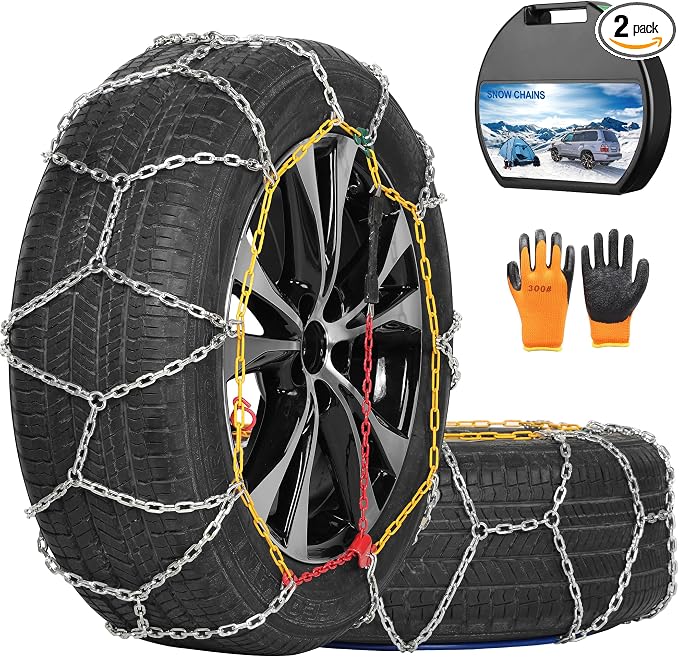 COCO BIRD Snow Chains, Wear-Resistant High Carbon Steel Anti Slip Tire Chain for Passenger Cars, Pickups, and SUVs, Set of 2 (KN100)