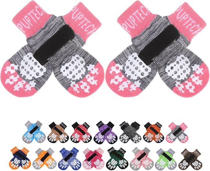 Anti-Slip Dog Socks with Double Sides Grips for Small Medium Large Dogs Hardwood Floors Prevents Licking, Dog Shoes for Hot Pavement Traction Control for Senior Dogs, Grey&Pink XL