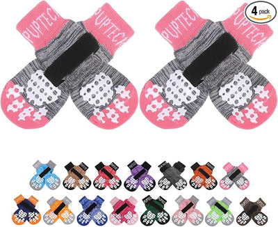PUPTECK Anti-Slip Dog Socks with Double Sides Grips for Small Medium Large Dogs Hardwood Floors Prevents Licking, Dog Shoes for Hot Pavement Traction Control for Senior Dogs, Grey&Pink XS