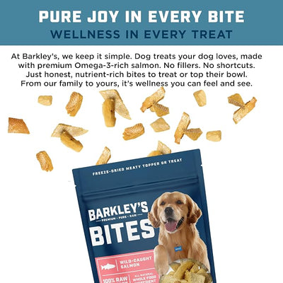 Barkley’s Bag Salmon Bites, Freeze Dried Dog Treats and Food Topper, Made with Wild-Caught Salmon, Bite-Sized Whole Pieces for Training Rewards, for All Dog Breeds, Ages & Sizes, 4 Oz Bag (6 Pack)