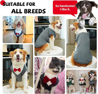 Cute Dog Fleece Sweater with D-Ring, Fall Winter Dog Clothes Tuxedo Costume with Bowtie, Soft Puppy Sweatshirt Golden Retriever Apparel Doberman Outfits for Small Medium Large Dogs(Grey,7XL)