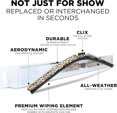 Clix Wipers - 14" Jersey Girl Leapord Print Automotive Replacement Wiper Blade (Pack of 1) Universal Clip On All-Weather Flex Frame Windshield Wiper