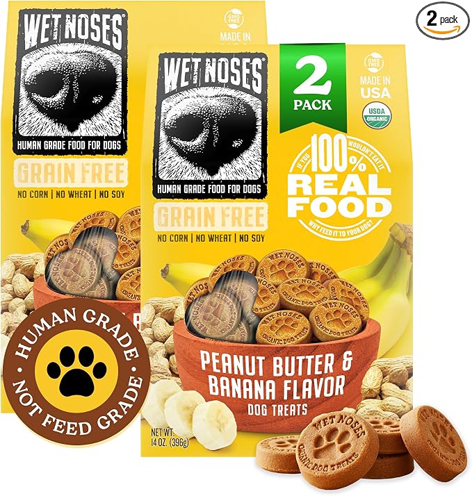 Wet Noses Organic Crunchy Dog Treats Grain Free – All-Natural, Human-Grade, Non-GMO, Healthy Training & Delicious Snacks for Dogs, for All Dog Sizes & Breeds – Peanut Butter & Banana, 14oz (2 Pack)